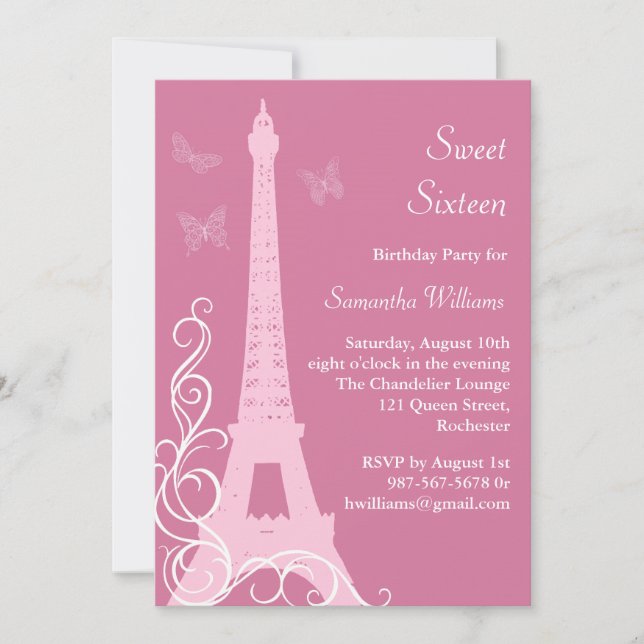 Invitación Las mariposas en el cumpleaños de París invitan a (Anverso)
