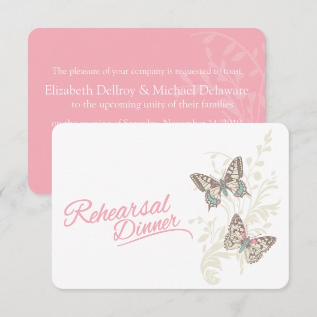 Invitación Las mariposas invitan a una cena de boda rosado (Anverso / Reverso)