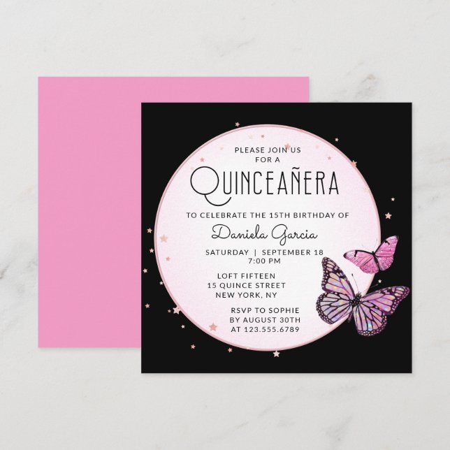 Invitación Las mariposas negras rosadas estrenan quinceañera  (Anverso / Reverso)