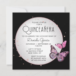 Invitación Las mariposas negras rosadas estrenan quinceañera