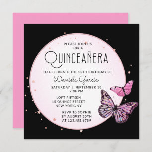 Invitación Las mariposas negras rosadas estrenan quinceañera 