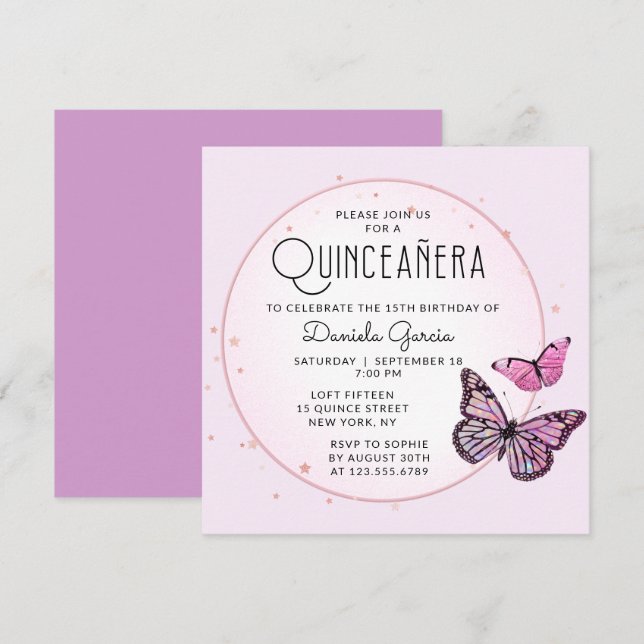 Invitación Las mariposas negras rosadas estrenan quinceañera  (Anverso / Reverso)