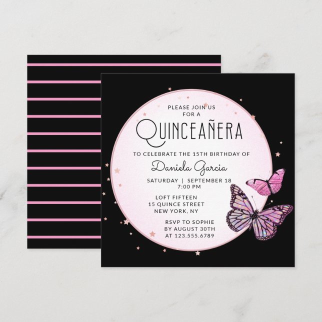 Invitación Las mariposas negras rosadas estrenan quinceañera  (Anverso / Reverso)