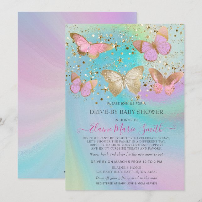 Invitación Las Mariposas Rosa Purpurina De Oro Conducen Por B (Anverso / Reverso)