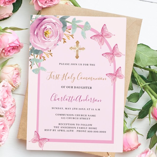 Invitación Las mariposas rosa rosadas son la primera comunión (Subido por el creador)