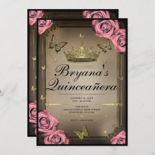 Invitación Las mariposas tiara doradas rosas rosadas Quinceañ