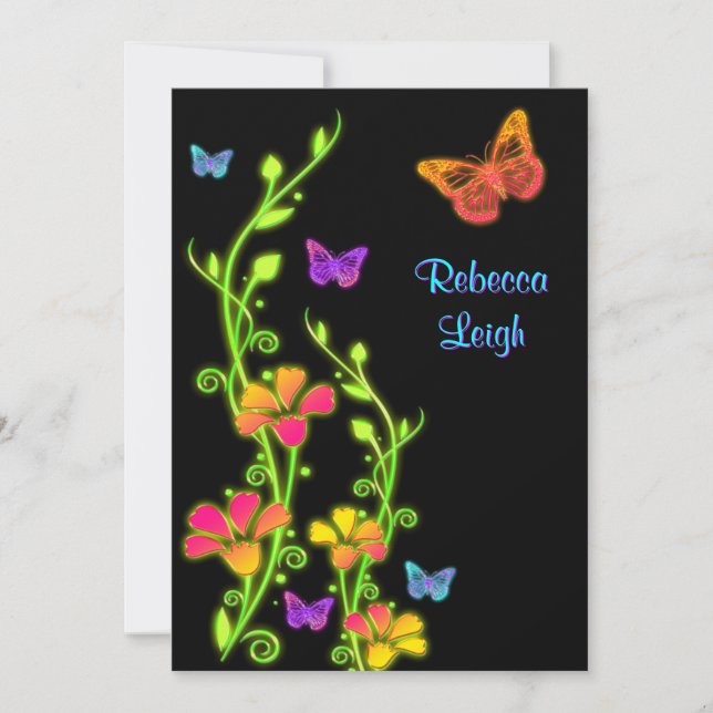 Invitación Las mariposas y el palo de neón Mitzvah de las (Anverso)