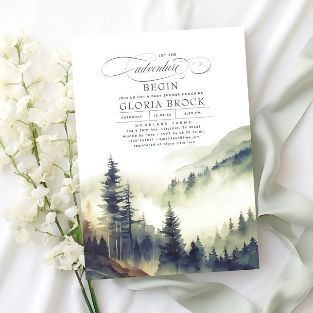 Invitación Las Montañas Dejan Que La Aventura Empiece Baby Sh (Fog Forest and Mountains Let The Adventure Begin Gender Neutral Baby Shower Invitations)