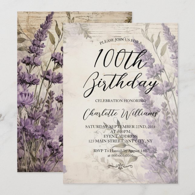 Invitación Las mujeres de las flores de lavanda cumplen 100 a (Anverso / Reverso)