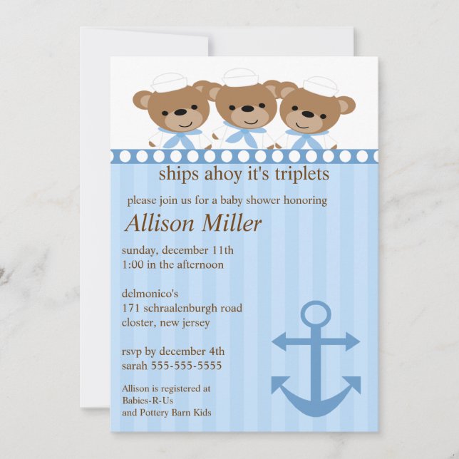 Invitación Las naves Ahoy es Baby Shower del TRÍO (Anverso)