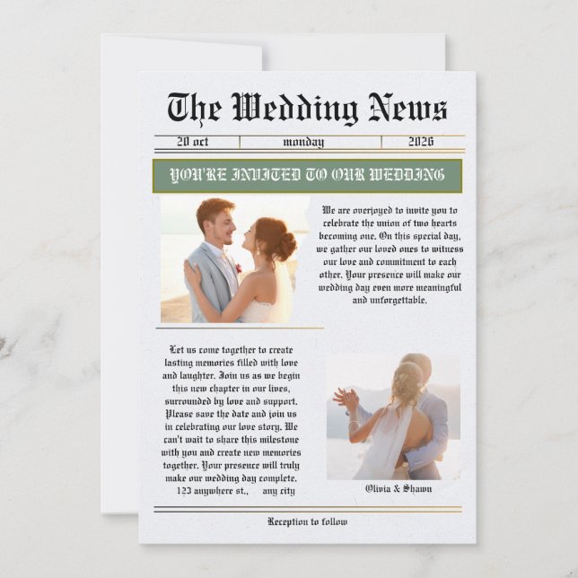 Invitación Las Noticias de la Boda Periódico Antiguo Boda  (Anverso)