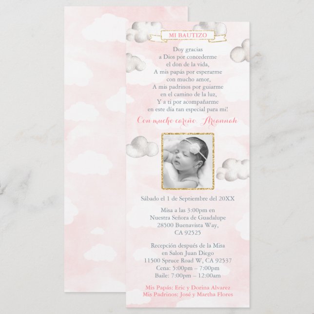 Invitación Las nubes rosadas y doradas bautizan a Latina Baut (Anverso / Reverso)