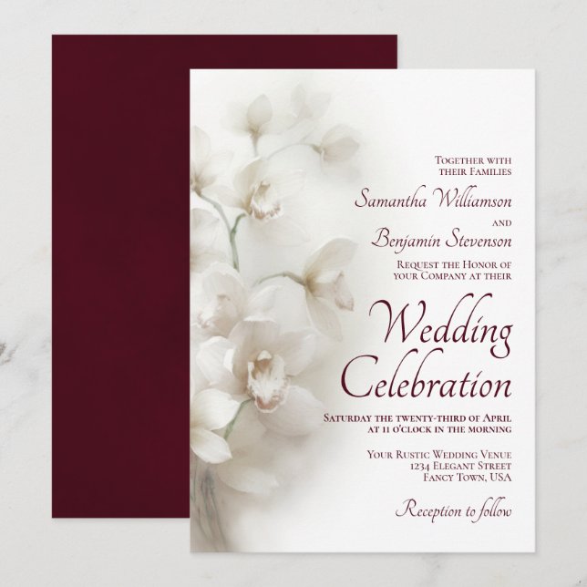 Invitación Las orquídeas blancas de ensueño Boda Borgoña eleg (Anverso / Reverso)