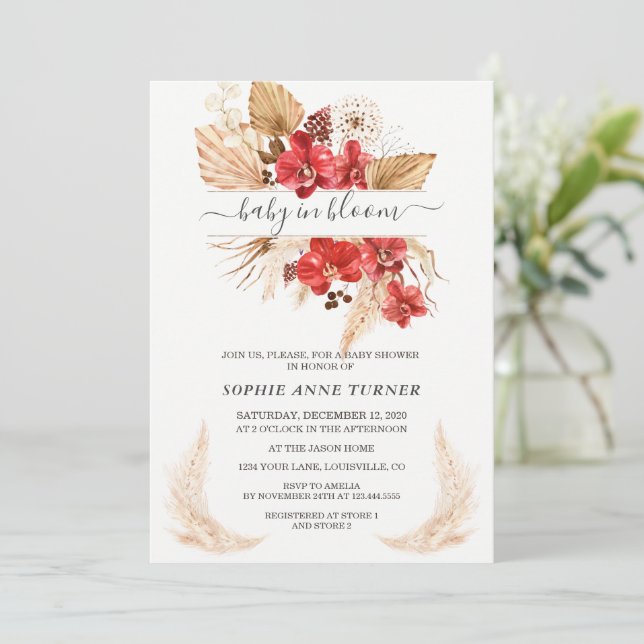 Invitación Las orquídeas rojas pampas hierba lunaria bebé en  (Anverso de pie)