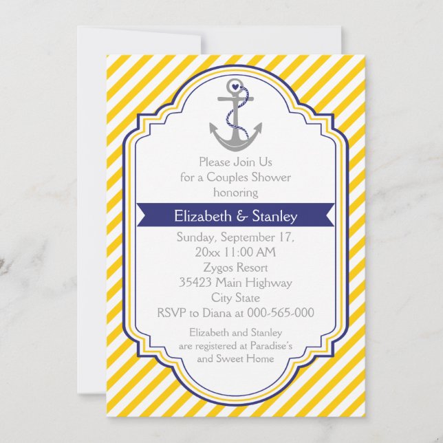 Invitación Las parejas de bodas náuticos amarillos se duchan (Anverso)