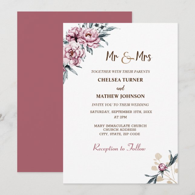 Invitación Las peonías de flores de acuarela elegantes (Anverso / Reverso)