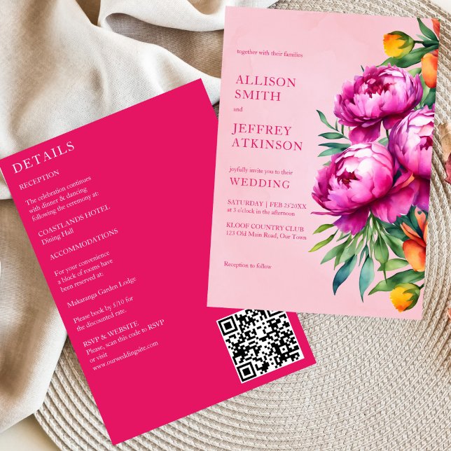 Invitación Las peonías de magenta rosada todas en una plantil (Pink magenta peonies all in one wedding editable template invitation digital download floral blooms)