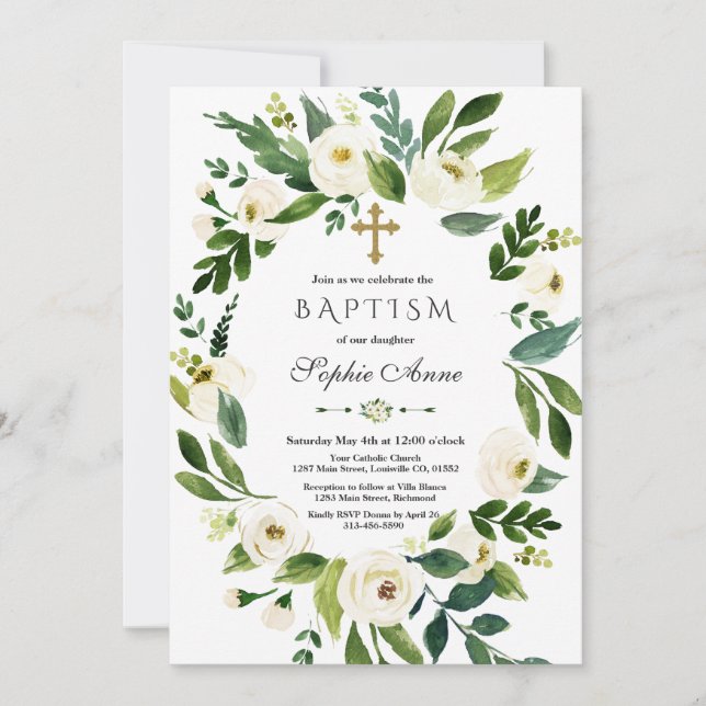 Invitación Las Peonías Florales Blancas Modernas Son Bautismo (Anverso)
