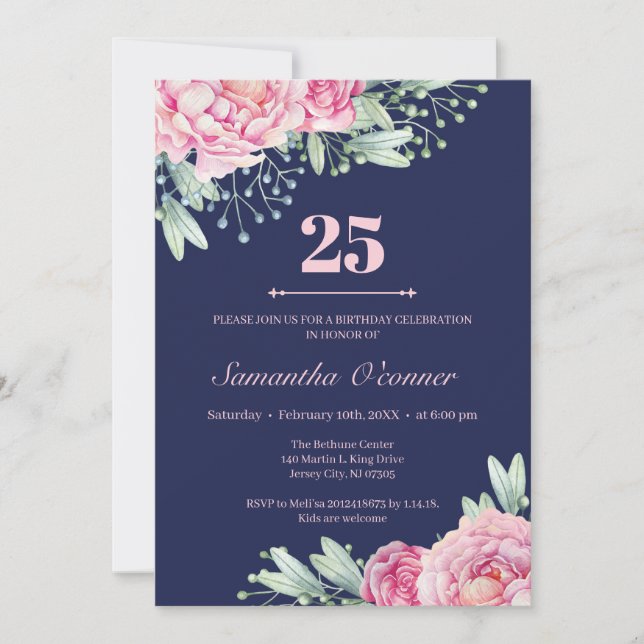 Invitación Las peonías florales rosadas de la marina cumplen  (Anverso)