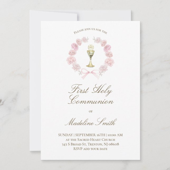 Invitación las peonías rosadas fueron la primera comunión (Anverso)
