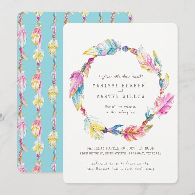 Invitación Las perlas de plumas de Boho invitan a la boda acu (Anverso / Reverso)