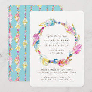 Invitación Las perlas de plumas de Boho invitan a la boda acu