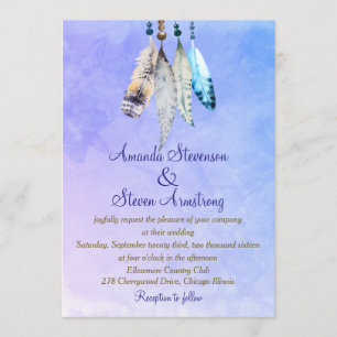 Invitación Las plumas acuarelas en el Boda morado azul