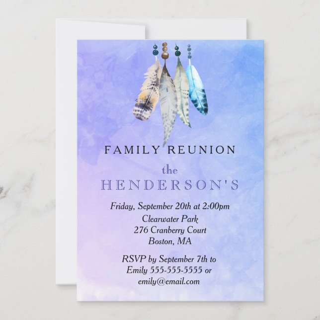 Invitación Las plumas acuarelas en la unión de la familia Pur (Anverso)