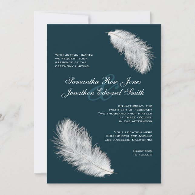 Invitación Las plumas blancas invitan a la boda Verde azulada (Anverso)