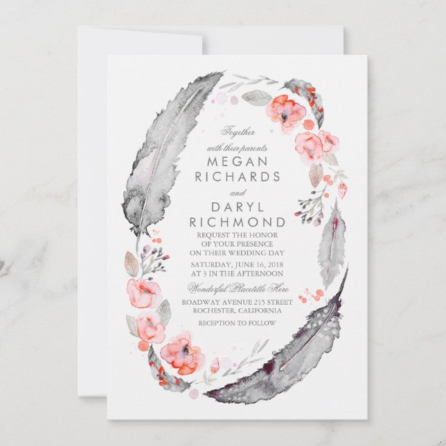 Invitación Las plumas bohemias Boda rosa y gris (Anverso)