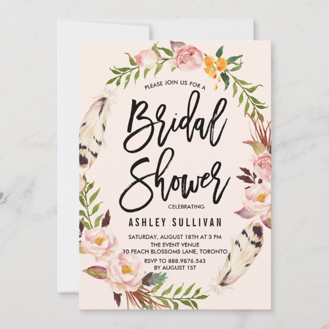 Invitación Las plumas bohemias y la ducha de flores de coraje (Anverso)