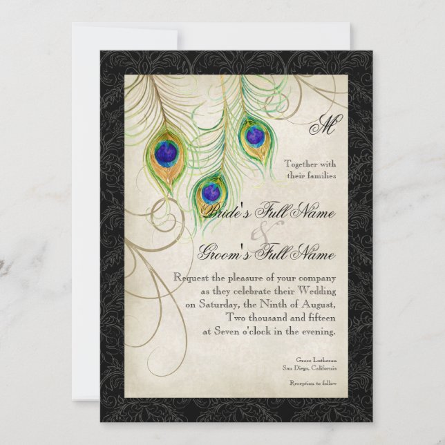 Invitación Las plumas de pavo real acuarela Damasco negro Bod (Anverso)