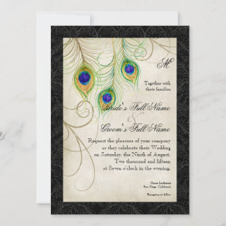 Invitación Las plumas de pavo real acuarela Damasco negro Bod