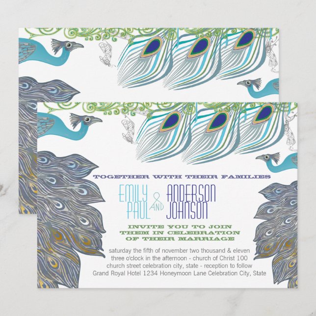Invitación Las plumas de pavo real de Peacock de los 20 (Anverso / Reverso)
