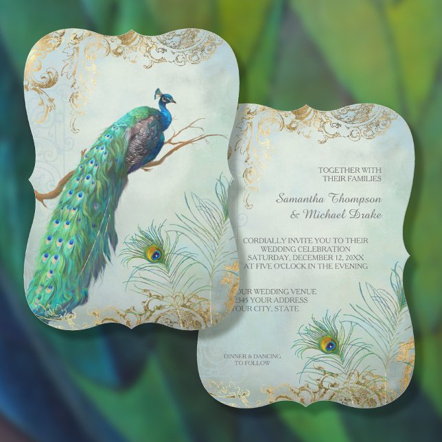 Invitación Las plumas de pavo real elegantes Aqua Blue Gold B (Subido por el creador)