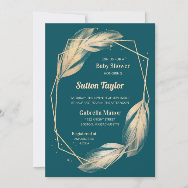 Invitación Las plumas doradas en el Baby Shower Verde azulado (Anverso)
