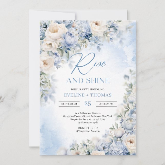 Invitación Las polvorientas flores azules y marfil de inviern (Anverso)