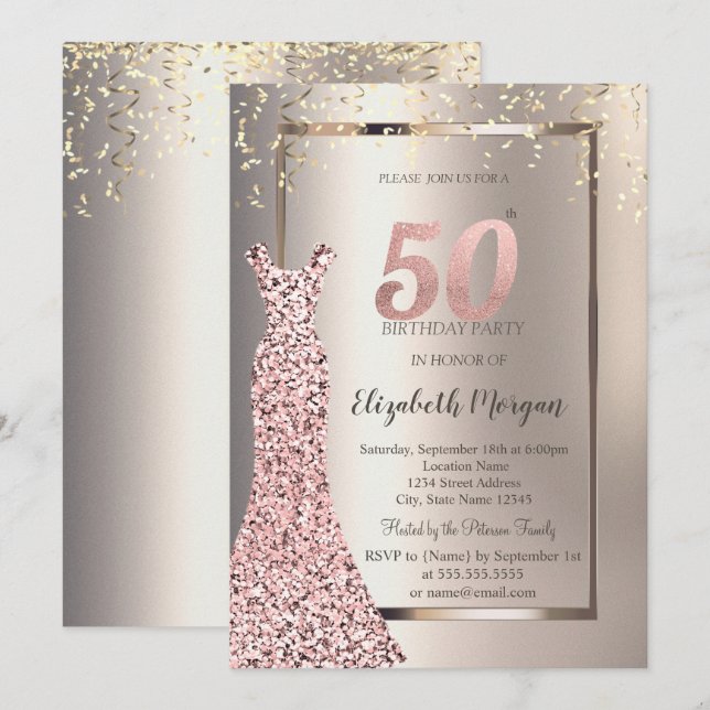 Invitación Las secuelas Rosa Oro Vestido marfil 50 cumpleaños (Anverso / Reverso)