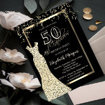 Invitación Las Secuencias de Oro se visten el cumpleaños 50<br><div class="desc">El oro secuestra el vestido y el confetti sobre el fondo negro.</div>