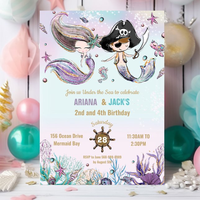 Invitación Las sirenas de pelo pardo Piratas Gemelos Conjunto (mermaid and pirate twins brother sister joint pool birthday party invitation cards printed digital)