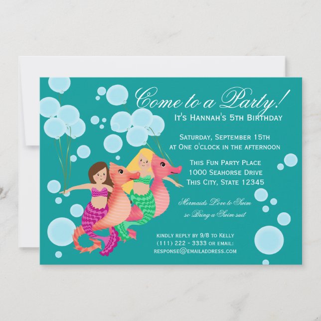 Invitación Las Sirenas y los Globos Nadan Fiesta (Anverso)