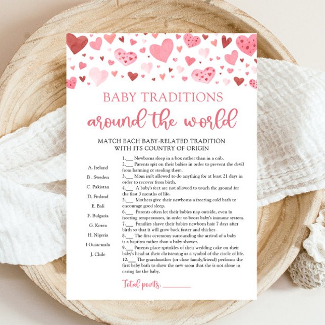Invitación Las tradiciones de los bebés de San Valentín en to (Watercolor Pink Hearts Valentine Sweetheart Girl Baby Traditions Around The World Baby Shower Game)