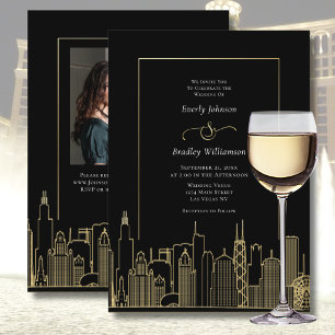 Invitación Las Vegas Negro Oro Blanco Elegante Foto Boda