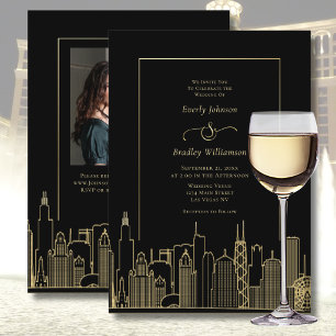 Invitación Las Vegas Negro Oro Elegante Código QR Foto Boda