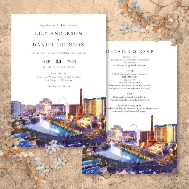 Invitación Las Vegas Skyline Watercolor All In One Wedding (Las Vegas Skyline Watercolor All In One Wedding Invitation)