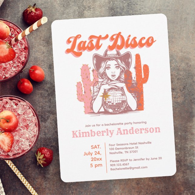 Invitación Last Disco Retro Pink Cowgirl Bachelorette Party  (Subido por el creador)