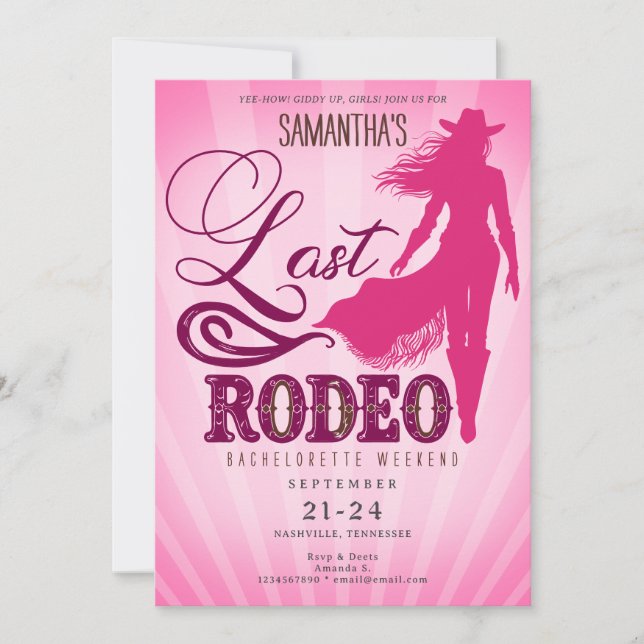 Invitación Last Rodeo Pink Cowgirl Nashville Bachelorette  (Anverso)