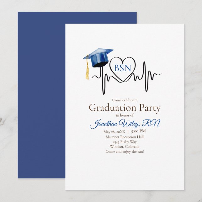 Invitación Latido y tapón de graduación azul (Anverso / Reverso)