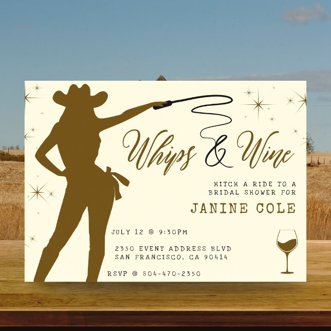 Invitación Látigo y ducha nupcial de vaca (Whips & Wine Cowgirl Bridal Shower Invitation
)