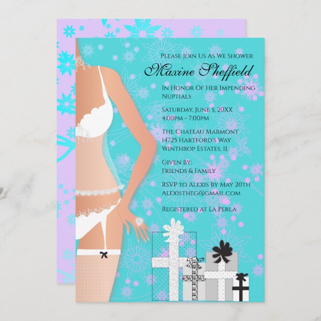 Invitación Latina Lingerie Bridal Shower Verde azulada y mora (Anverso / Reverso)